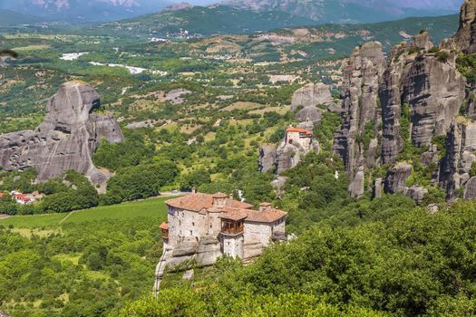 Landscape with Rousanou, the Nikolaos and the Great Meteoron monasteries in Meteora, Greece