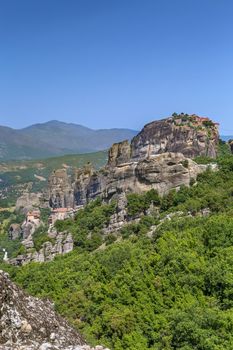 View of rocls and monastery in Meteora, Greece