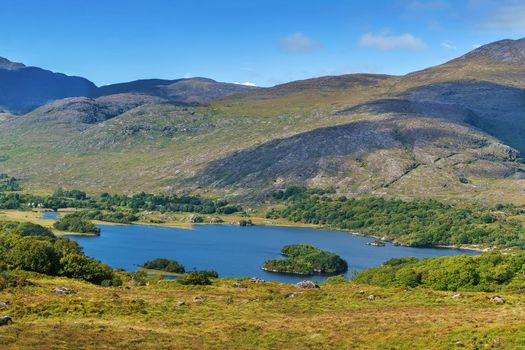 Landscape from Ladies View is a scenic viewpoint on the Ring of Kerry tourist route. Ireland