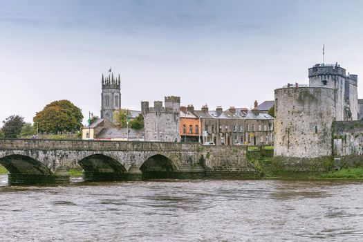 View of King John's Castle and bridge from Shannon river, Limerick, Ireland