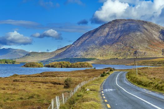 Landscape with Inagh lake and mountains in Galway county, Ireland