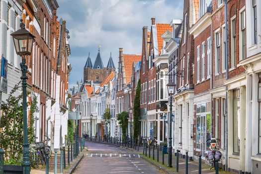 Street with historical houses in Haarlem city center, Netherlands