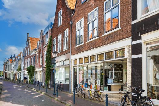 Street with historical houses in Haarlem city center, Netherlands