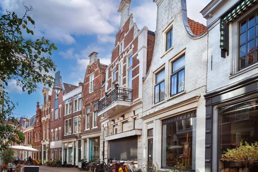 Street with historical houses in Haarlem city center, Netherlands