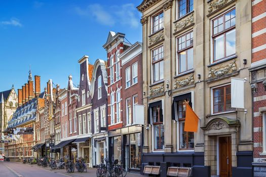 Street with historical houses in Haarlem city center, Netherlands