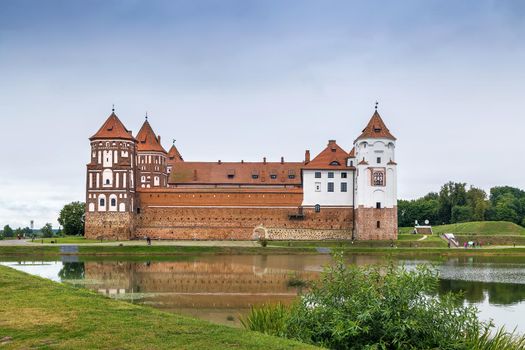 Mir Castle Complex is a UNESCO World Heritage site in Mir town, Belarus. View from lake