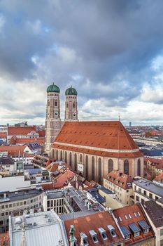 Frauenkirche (Cathedral of Our Dear Lady) is a church in Munich, Bavaria, Germany. Aerial view from New Town Hall tower