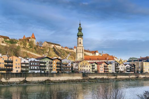 View of Burghausen from Salzach river, Upper Bavaria, Germany