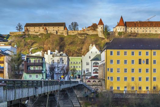 View of Burghausen from Salzach river, Upper Bavaria, Germany