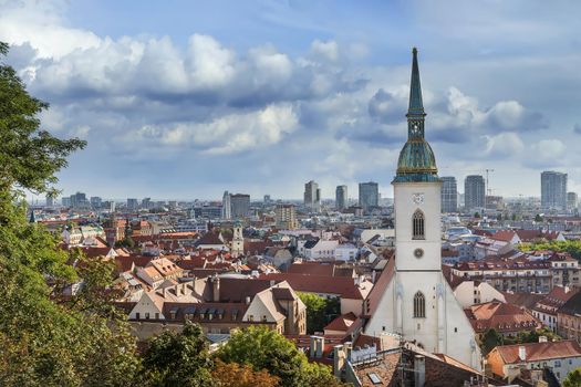 View of Bratislava old town with St Martin's Cathedral from Castle rock, Slovakia