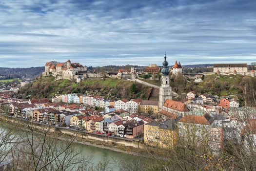 View of Burghausen from the hill across Salzach river, Upper Bavaria, Germany