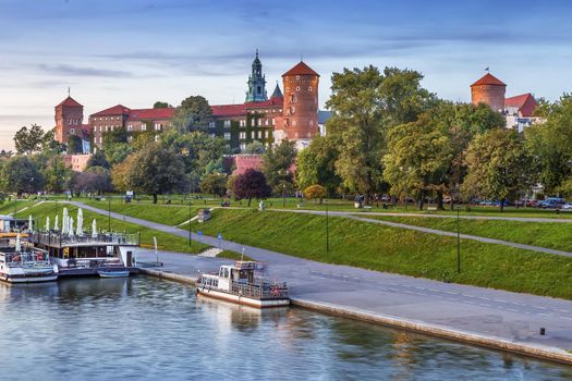 View of Wawel castle from Vistula river in Krakow, Poland