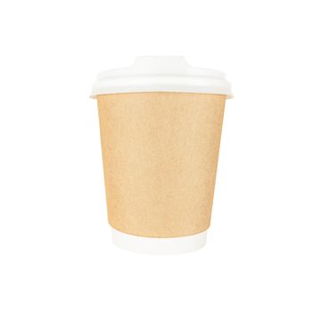 Brown craft paper coffee cup to go isolated on a white background.