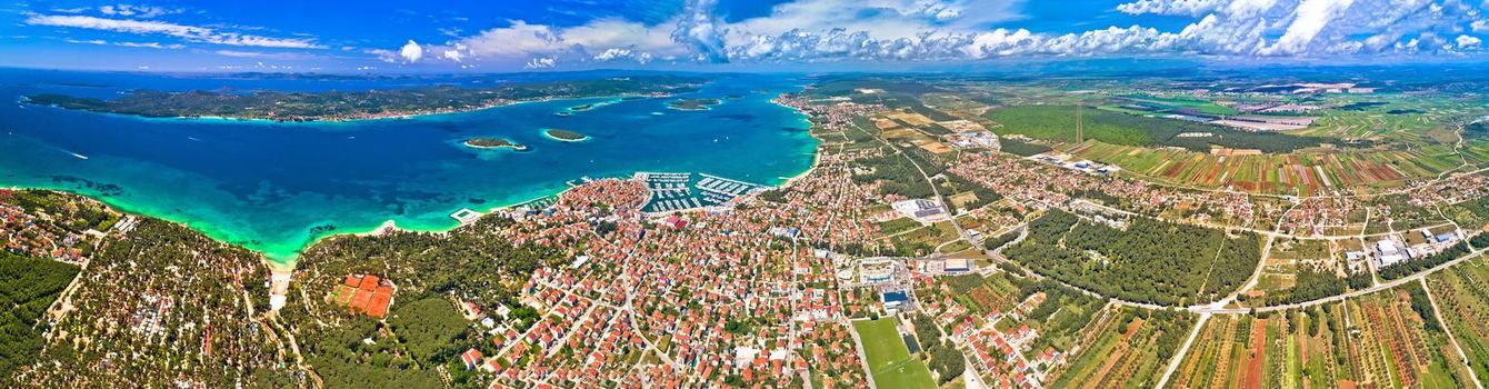 Biograd na Moru archipelago and Ravni Kotari panoramic aerial view, coastline landscape of Croatia