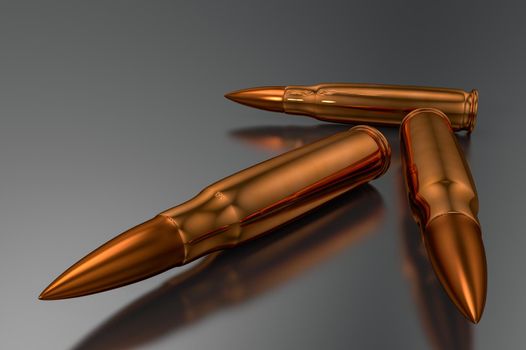 3D bullets on a gray reflective surface. Gold cartridges in 3D illustration