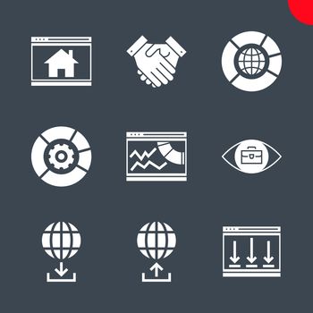 SEO Related Vector Glyph Icons Set. Partners, data management, seo data, competitive analysis, homepage, landing page, demonstration, download manager, upload manager.