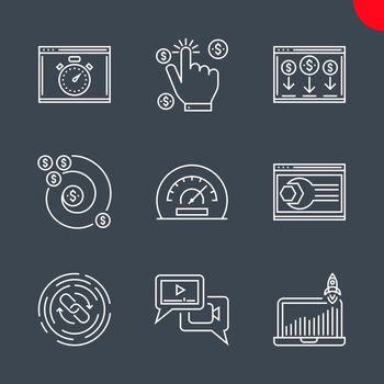 SEO Related Vector Line Icons Set. Website optimization, efficiency, growth traffic, pay per click, landing page, backlinks, return on investment, seo perfomance, video marketing. Editable Stroke