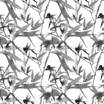 Watercolor illustration of bamboo leaves on white background. Oriental traditional painting, sumi-e. Seamless pattern.
