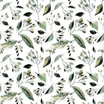 Watercolor leaves on white background - decorative organic seamless pattern.