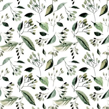 Watercolor leaves on white background - decorative organic seamless pattern.