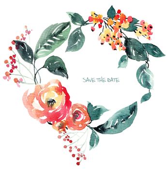 Watercolor illustration of floral wreath. Design for greeting card, invitation or cover. Hand-drawn flowers, buds and leaves.