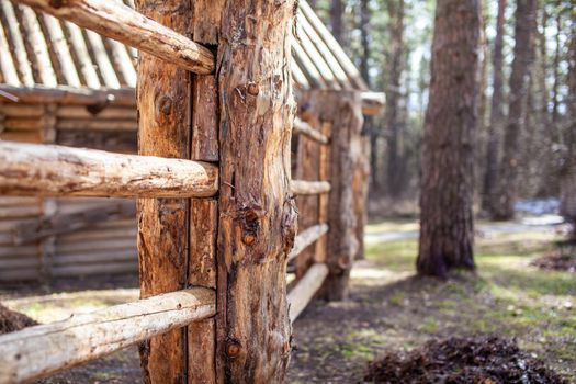 Large wooden fence posts that enclose an old wooden house in the forest. How people built houses and fences in the past. Ecological construction and materials.