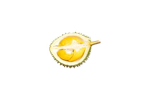 Ripe durian cut in half is ready to eat isolated on white background