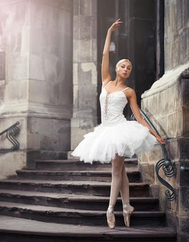 Confident moves. Vertical soft focus portrait of a graceful ballerina outdoors