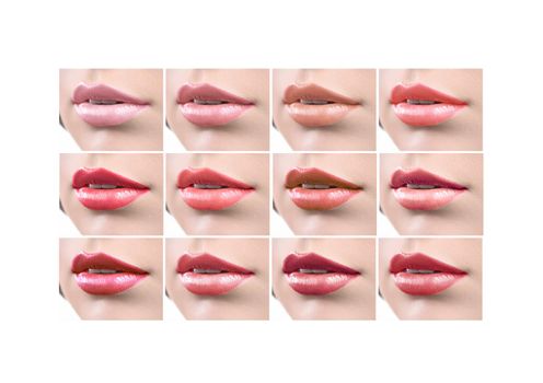 Collage of close up shot of beautiful full female lips with lipstick applied sexy seductive sensual mouth femininity beauty cosmetics makeup concept