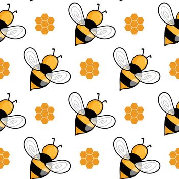 Seamless pattern with bees and honeycombs on white background. Small wasp. Vector illustration. Adorable cartoon character. Template design for invitation, cards, textile, fabric. Doodle style.