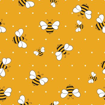 Seamless pattern with bees on color background. Small wasp. Vector illustration. Adorable cartoon character. Template design for invitation, cards, textile, fabric. Doodle style.