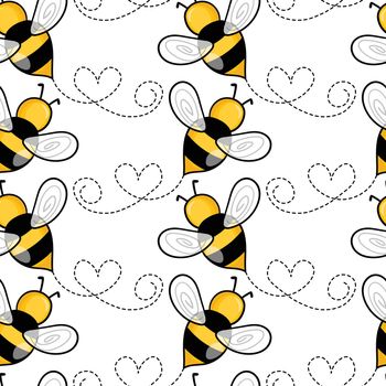 Seamless pattern with bees on white background. Small wasp. Vector illustration. Adorable cartoon character. Template design for invitation, cards, textile, fabric. Doodle style.