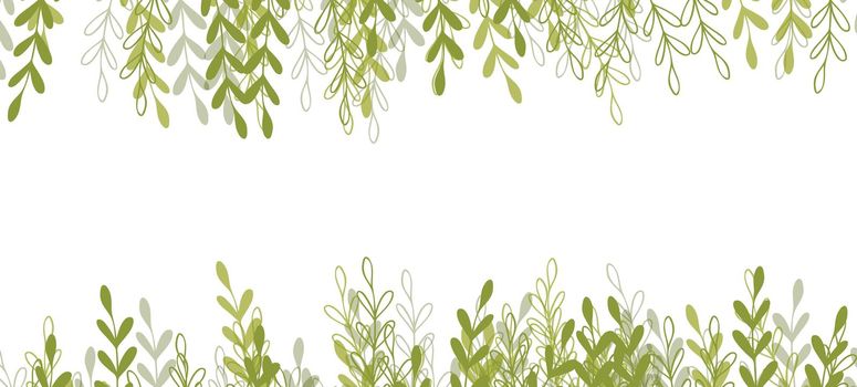 Floral web banner with drawn color exotic leaves. Nature concept design. Modern floral compositions with summer branches. Vector illustration on the theme of ecology, natura, environment. Copy space.