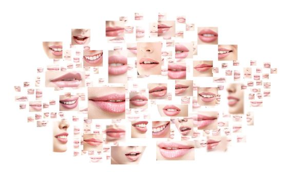 Composite image of female sexy plump full lips with colorful lipstick on isolated on white copyspace beauty cosmetic products sensuality feminine sexuality visage creativity fashion style concept.
