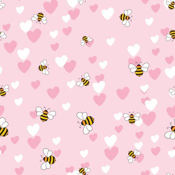 Seamless pattern with bees and hearts on color background. Small wasp. Vector illustration. Adorable cartoon character. Template design for invitation, cards, textile, fabric. Doodle style.