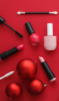 Cosmetic branding, fashion blog cover and girly glamour concept - Make-up and cosmetics product set for beauty brand Christmas sale promotion, luxury red flatlay background as holiday design