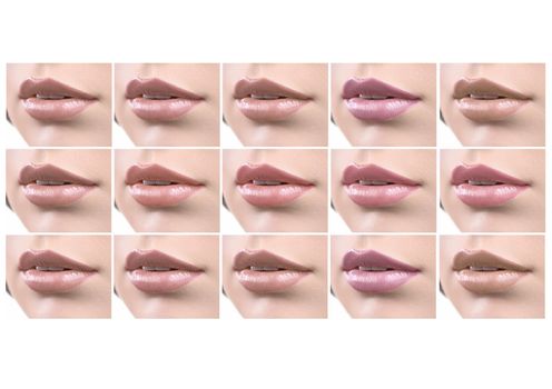 Set of female lips covered with nude natural colored lipsticks isolated on white copyspace makeup visage beauty cosmetics fashion mouth sexy seductive sensual softness concept