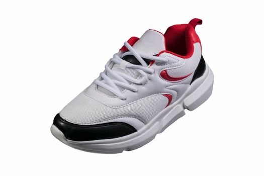 White sneaker with red and black accents on a white background. Sport shoes.