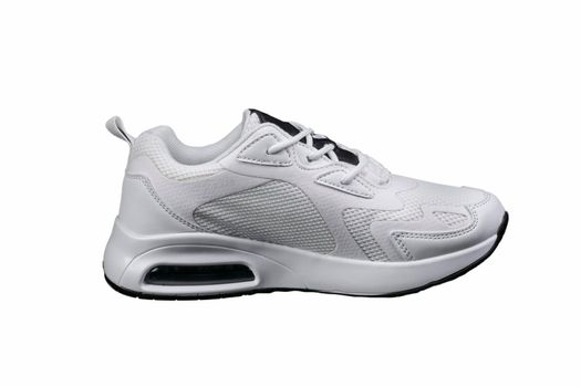 White sneaker with black accents isolated. Sports shoes on a white background.
