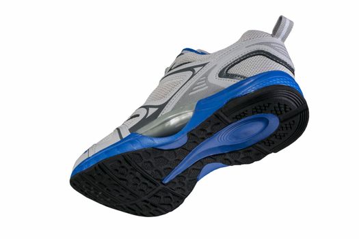 Gray sneaker with blue accents isolated. Sports shoes on a white background.