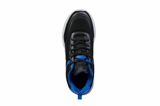 Black sneaker with blue accents top view. Sport shoes.