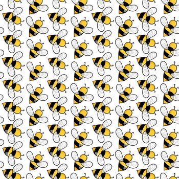 Seamless pattern with bees on white background. Small wasp. Vector illustration. Adorable cartoon character. Template design for invitation, cards, textile, fabric. Doodle style.
