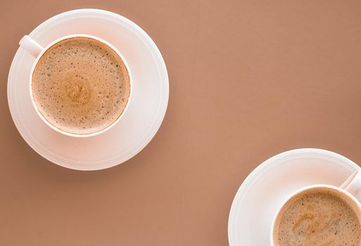 Drinks menu, italian espresso recipe and organic shop concept - Cup of hot coffee as breakfast drink, flatlay cups on beige background