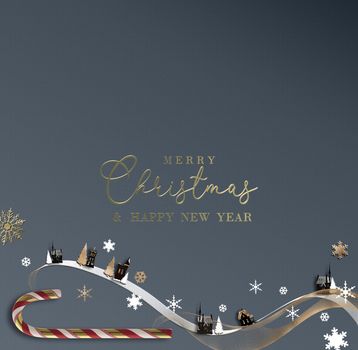 Christmas greeting card, 2022 New Year. Winter landscape, gold text Merry Christmas Happy New Year. Business corporate greetings. Elegant design in pastel dark grey. Copy space, Illustration