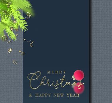 Christmas business corporate card. Xmas ball bauble, Christmas fir branches, gold confetti over blue grey. Gold text Merry Christmas Happy New Year. Abstract luxury holiday card. Illustration