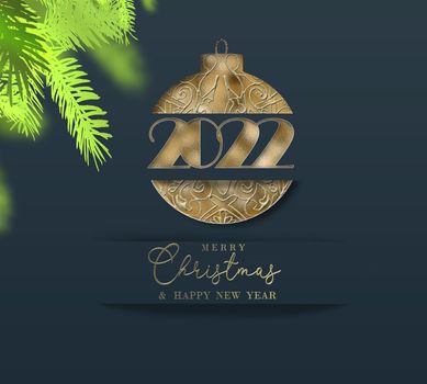Christmas New Year 2022 greetings. Xmas pine. Gold ball bauble, gold digit 2022 over dark blue. Golden text Merry Christmas Happy New Year. Winter holiday corporate card. Greeting card. Illustration