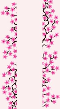 Vertical banner with blossom sakura flowers.Floral wedding invitation card template design. Oriental background of summer pink blooming sakura branch decoration, copy space. Postcard Mother, Women day