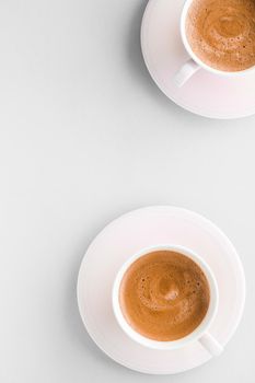 Drinks menu, italian espresso recipe and organic shop concept - Cup of hot french coffee as breakfast drink, flatlay cups on white background