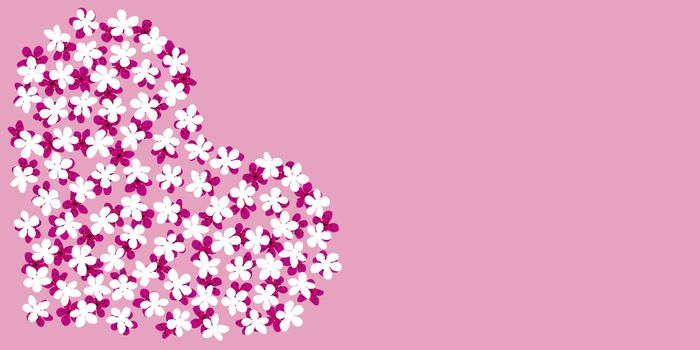 Postcard with heart made of pink flowers.Pink Background of flowers in shape of heart.Trendy Design Template.Paper banner with copy space text.For wedding invitation, Mother, Women,St. Valentine's Day