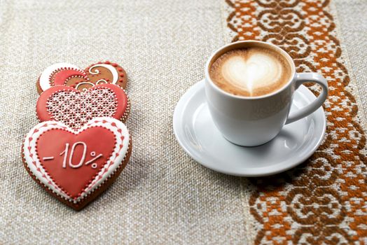 Lust for tasty. Top view shot of a Valentine s day coffee shop discount offer coffee and cookies